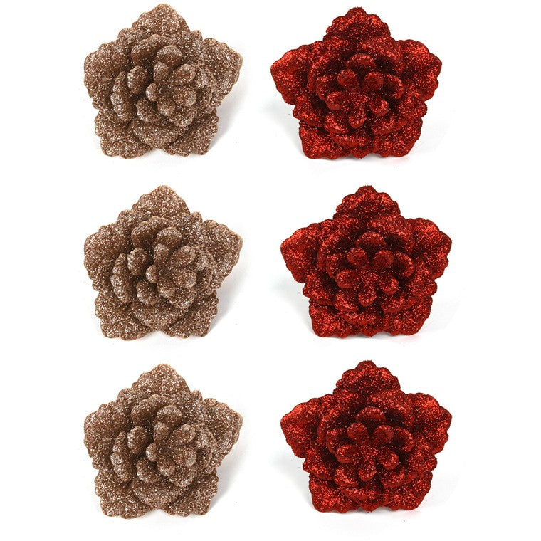 Glitter Flower w/ Clip, 3pk, 8cm, Assorted