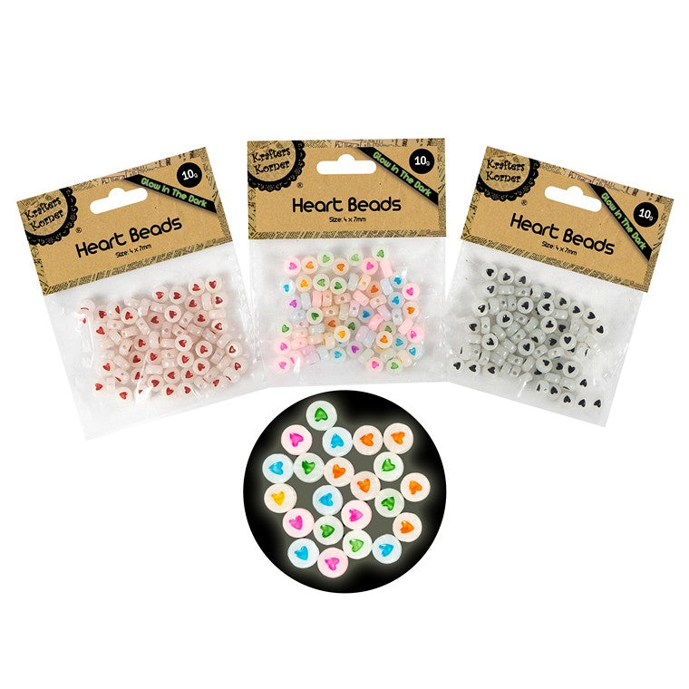 Glow In The Dark, Heart Beads, 3 Asstd Colours