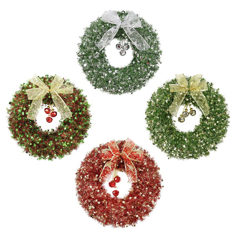 Tinsel Wreath w/ Bells, 38cm, Assorted