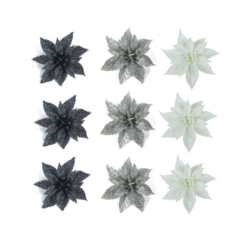 Glitter Flower w/ Clip, 3pk, 8cm, Assorted