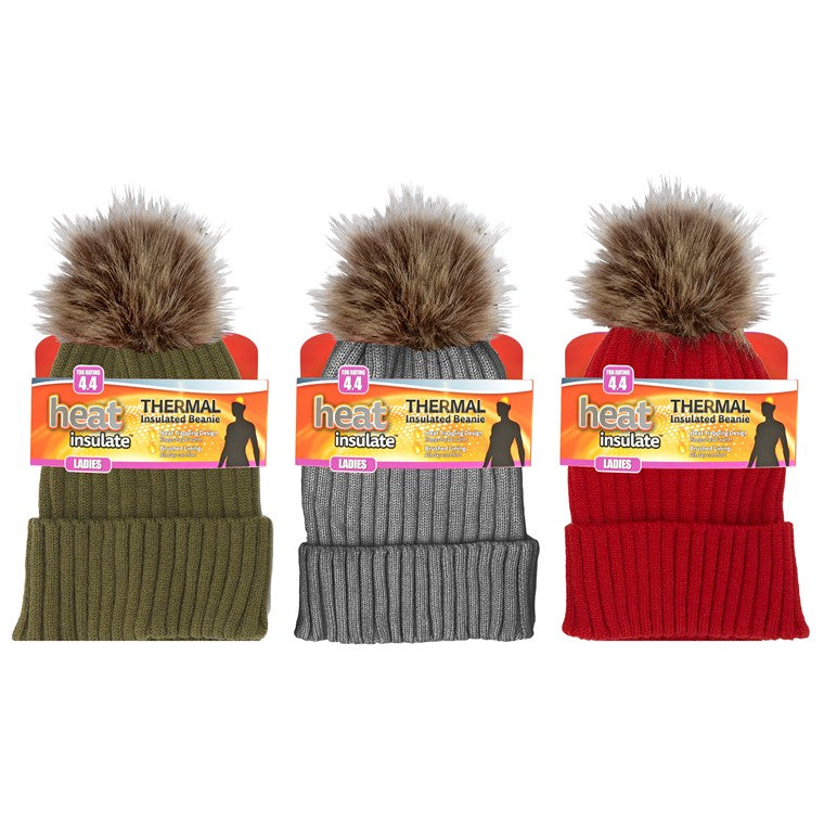 Ladies Heat Control Knitted Beanie w/ Lining, 3 Asstd Colours