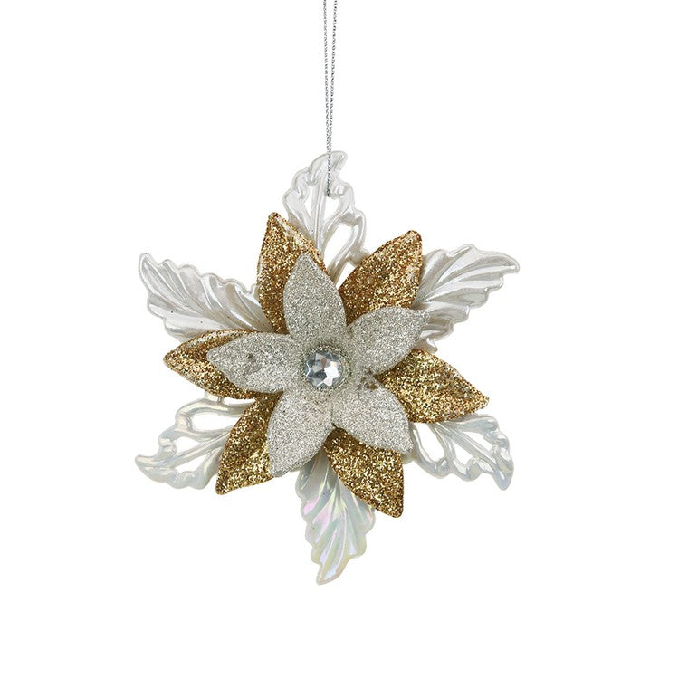White & Gold Glitter Poinsettia Ornament, 9.5cm
