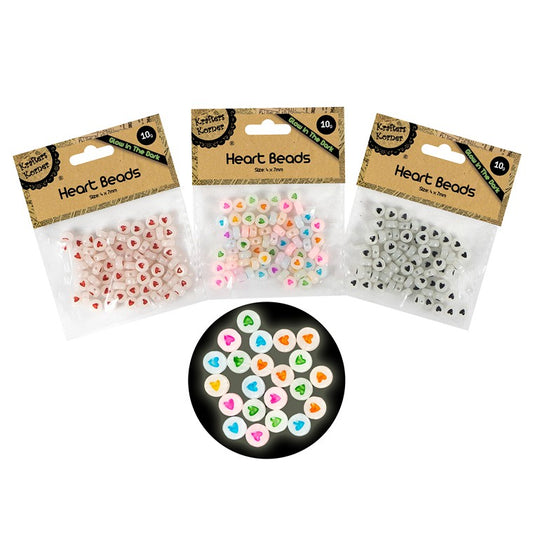 Glow In The Dark, Heart Beads, 3 Asstd Colours