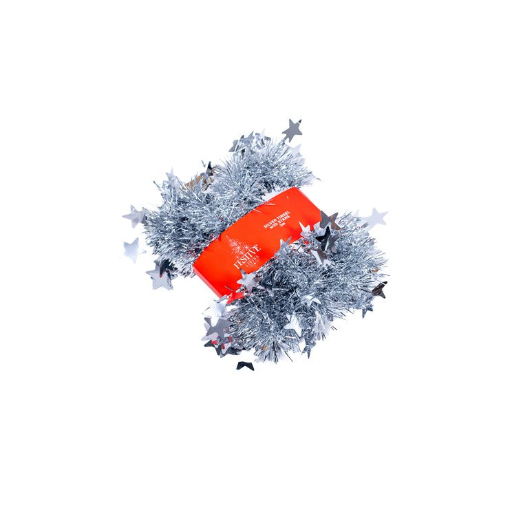 Christmas Tinsel Silver w/ Stars, 3m