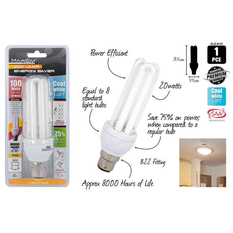 Energy Saver Lights, Cool White, B22, 100W/20W Pin