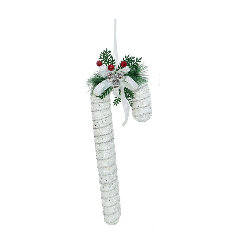 Sparkly Candy Cane w/ Pine Deco, Assorted