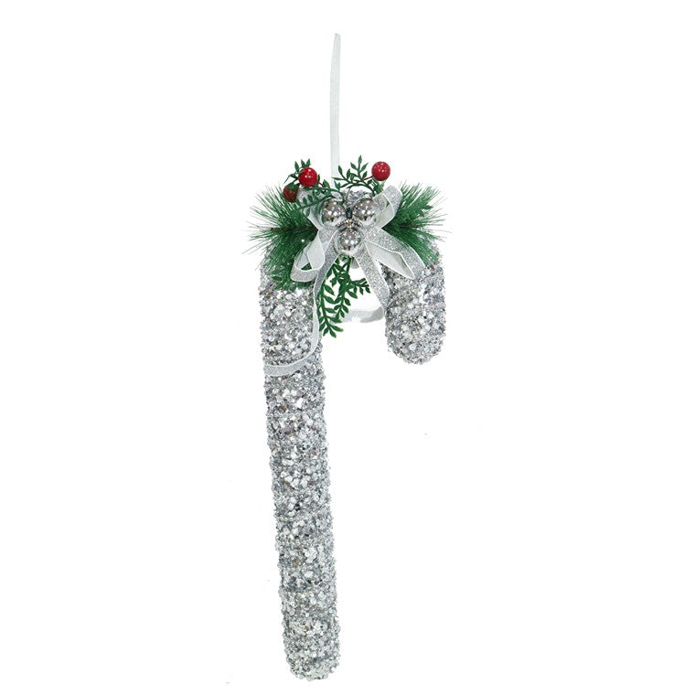 Sparkly Candy Cane w/ Pine Deco, Assorted