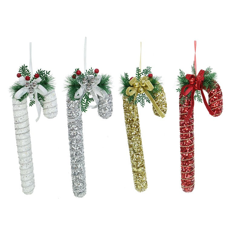 Sparkly Candy Cane w/ Pine Deco, Assorted