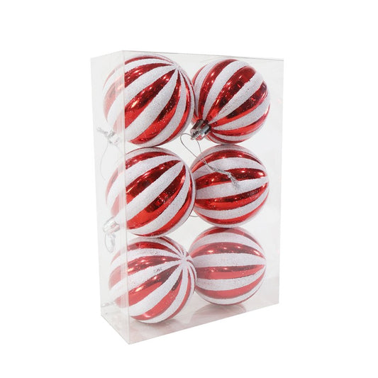 Candy Cane Ribbed Baubles, 60mm, 6pk, Assorted