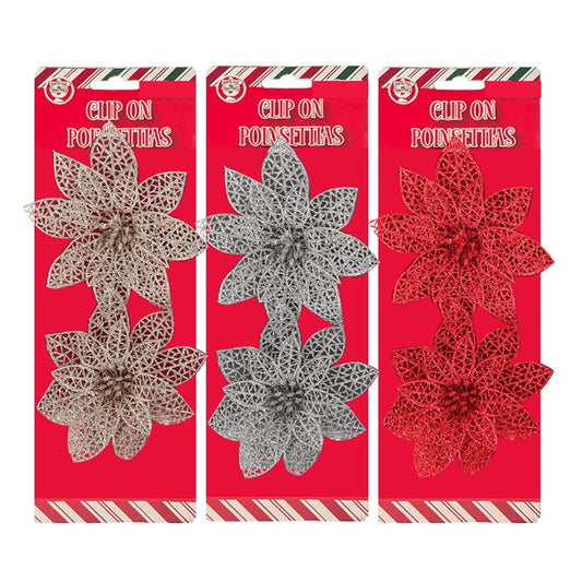 Poinsettia Clip On, 12cm, 2pk, Assorted
