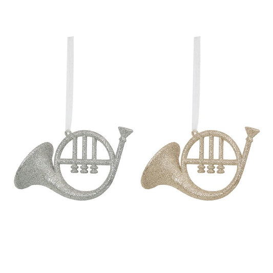 Glitter French Horn Tree Ornament, 12cm, Assorted