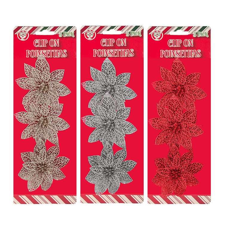 Poinsettia Clip On, 10cm, 3pk, Assorted