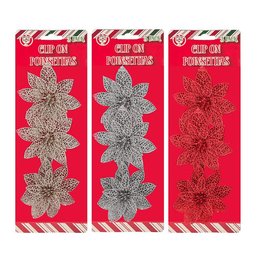 Poinsettia Clip On, 10cm, 3pk, Assorted