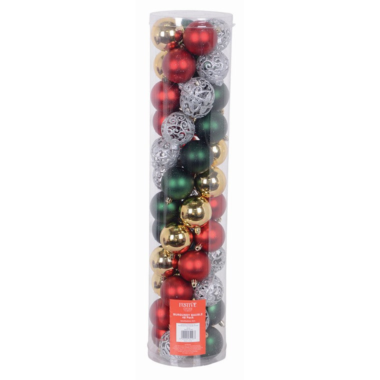 Xmas Bauble, 48pk, 60mm Burgundy Combo