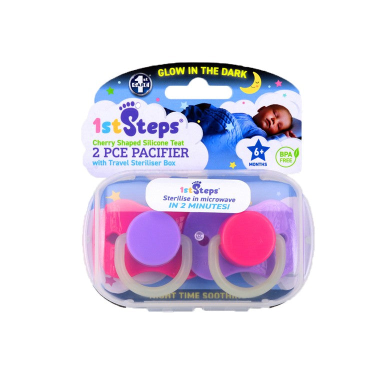 1st Steps Pacifier Cherry Teat w/ Travel Steriliser Box, 2pk
