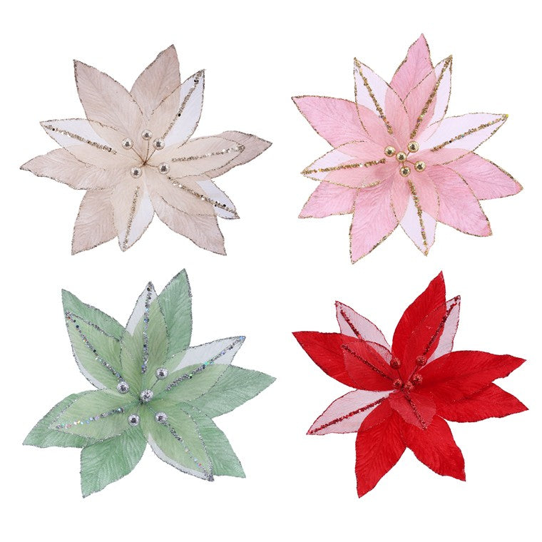 Velvet Sheer Poinsettia Clip, Assorted