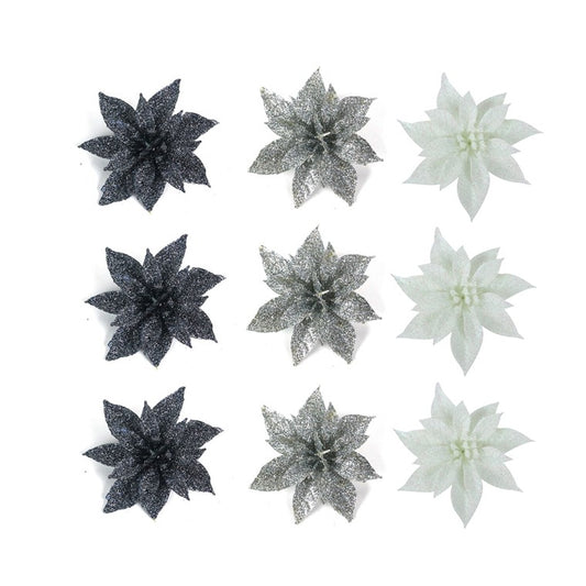 Glitter Flower w/ Clip, 3pk, 8cm, Assorted